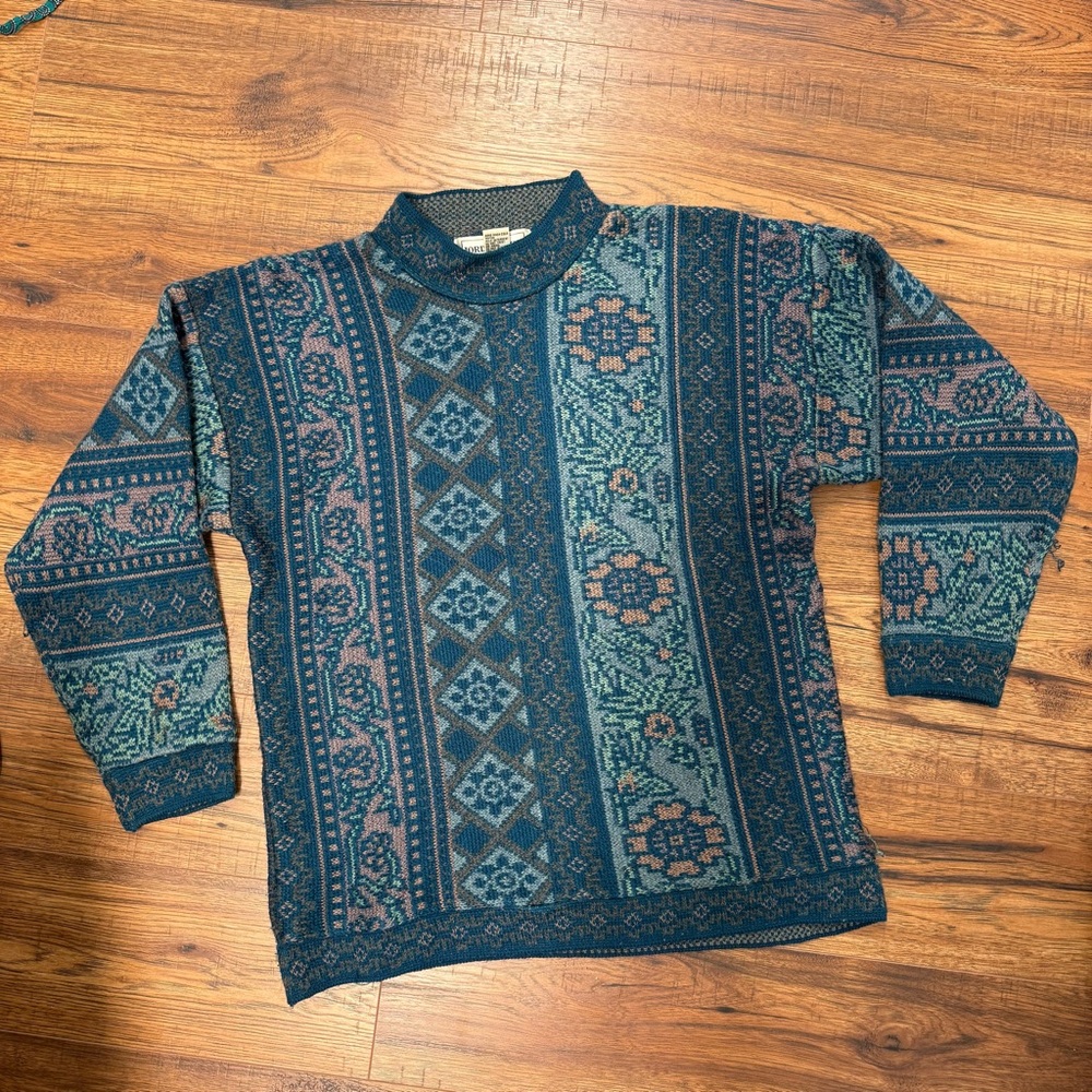 Lord Isaacs Vintage Medium Sweater Pullover Blue Pink Floral Wool Acrylic Blend